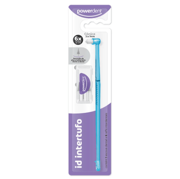 Escova Dental Powerdent Intertufo Cônica 3 a 7mm 1 Cabo + 6 Refis